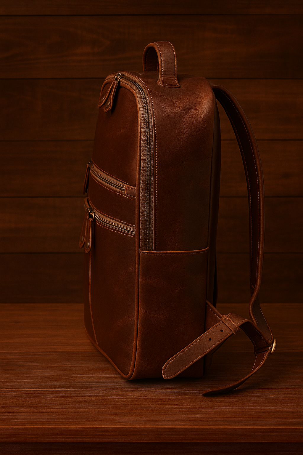 Brown leather backpack on a wooden surface