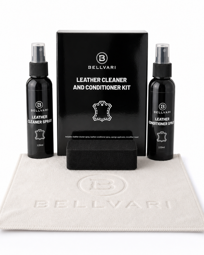 Bellvari leather cleaner and conditioner kit with two spray bottles, a black box, and a cloth on a white background.