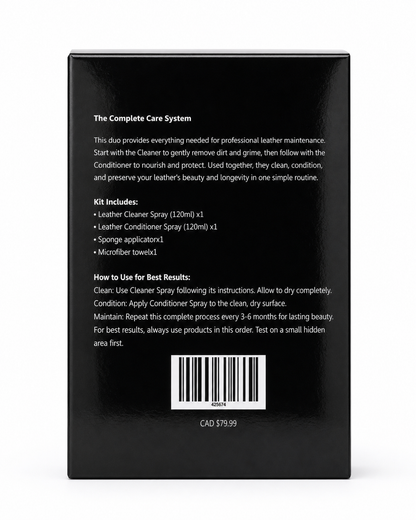 Back of a black leather care system packaging with text and a barcode.