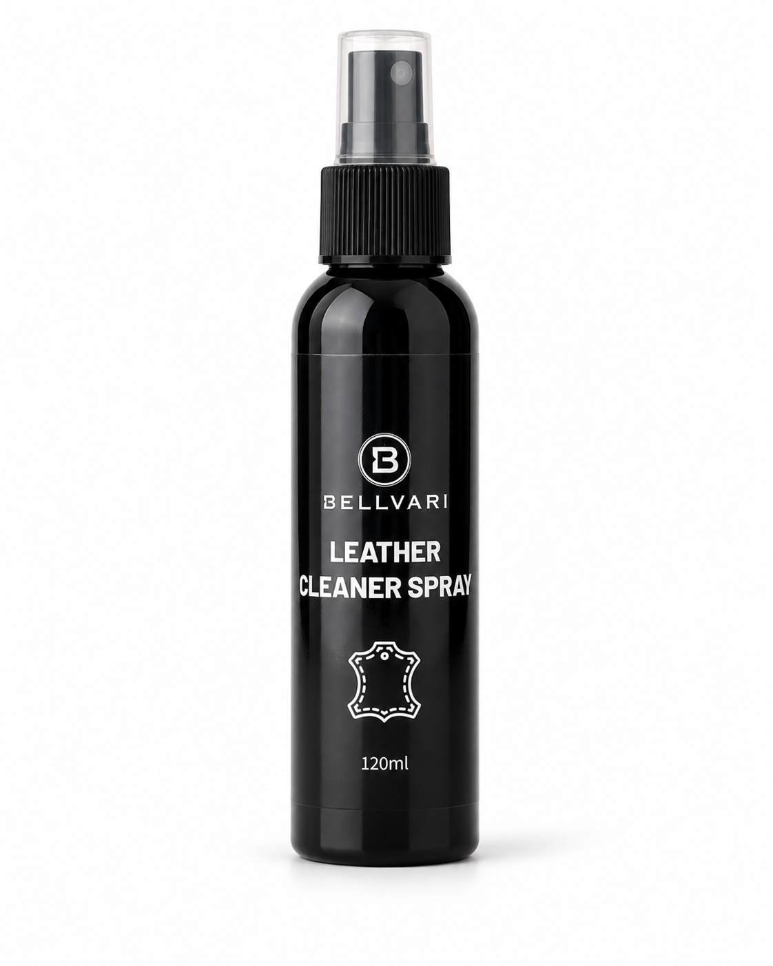 Black leather cleaner spray bottle with Bellvare branding on a white background