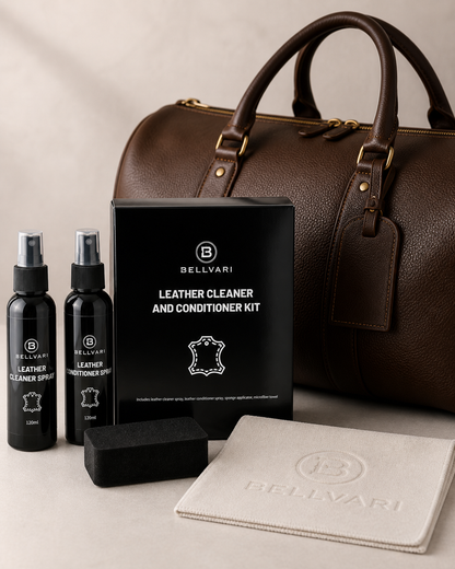 Bellvari leather care kit with a brown leather bag, wallet, and cleaning products on a light background.