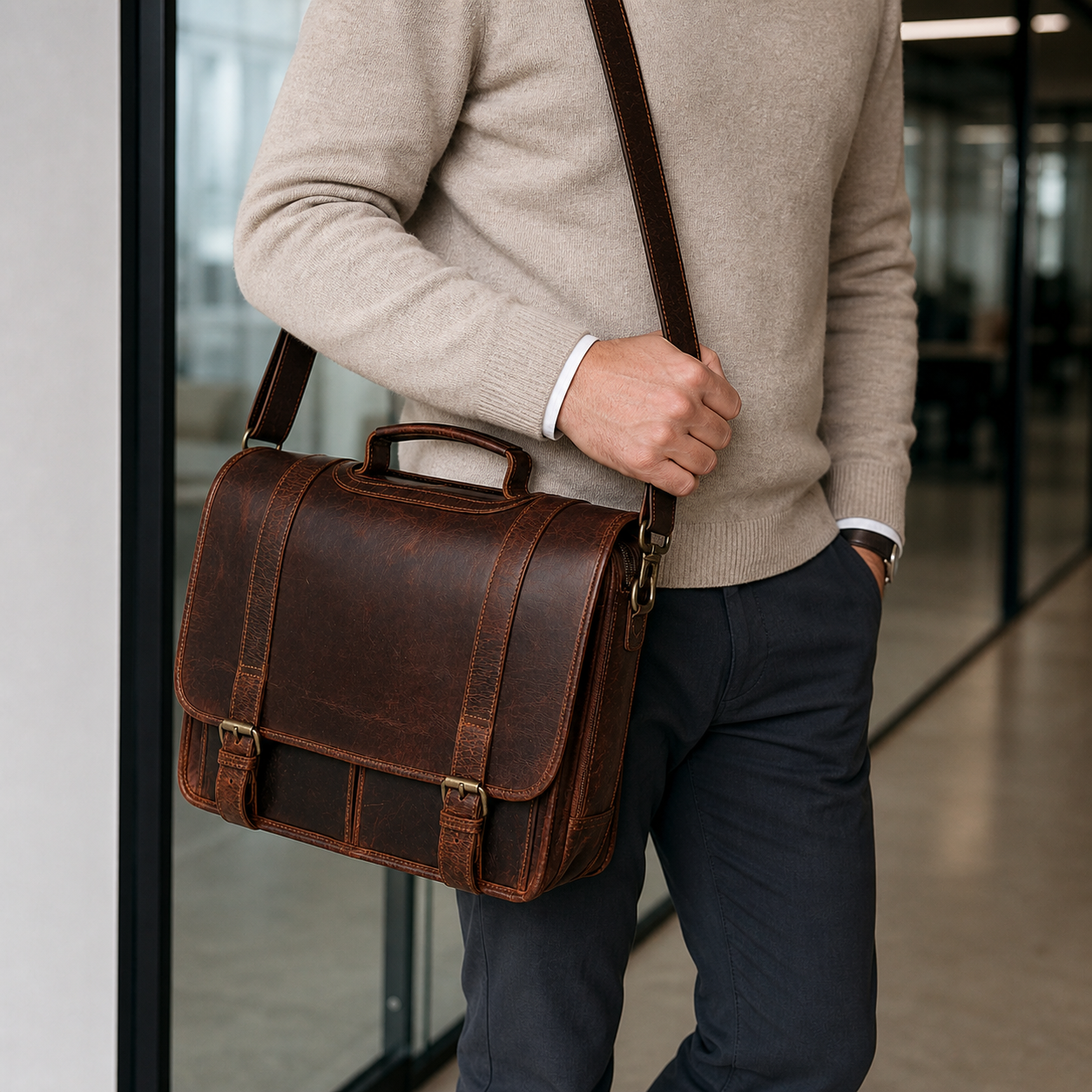 Full-Grain Leather Messenger Briefcase