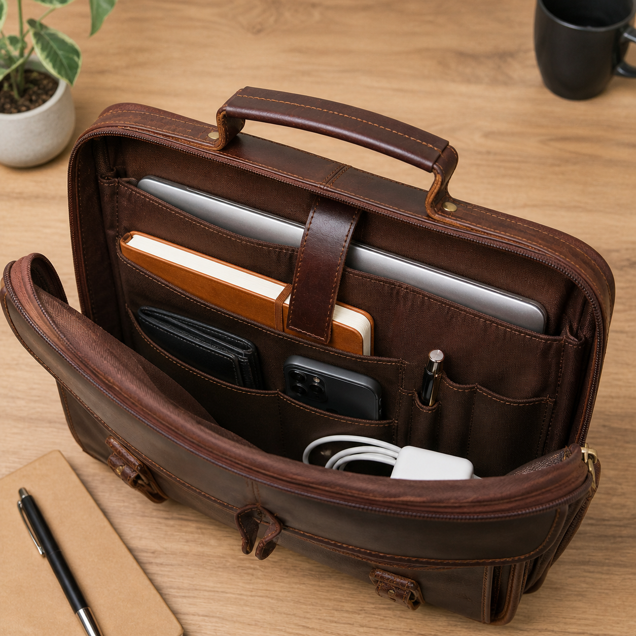 Full-Grain Leather Messenger Briefcase