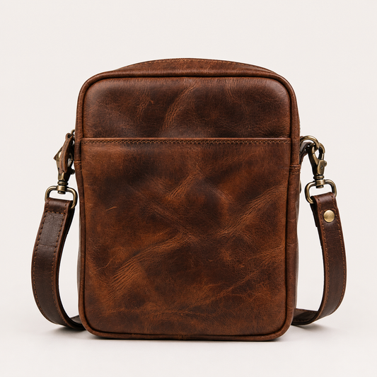 Bellvari YYZ full-grain leather travel satchel with adjustable strap, available in crazy horse brown and black.