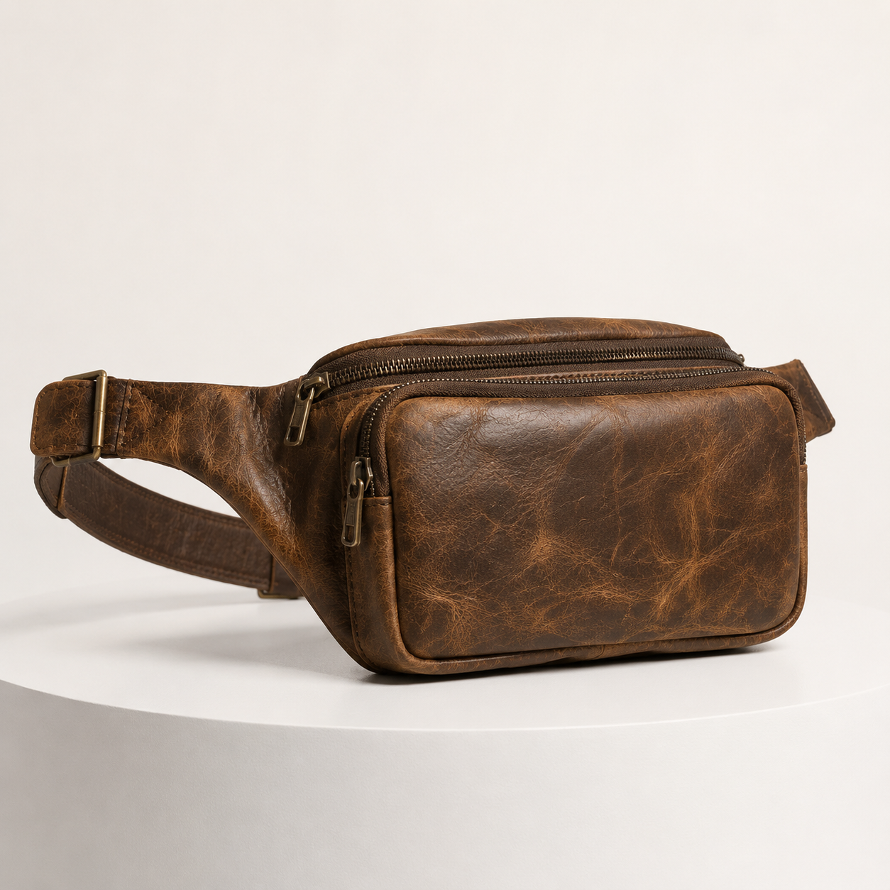 Bellvari Nomad full-grain leather sling bag, hands-free crossbody or waist carry, available in crazy horse brown and black.