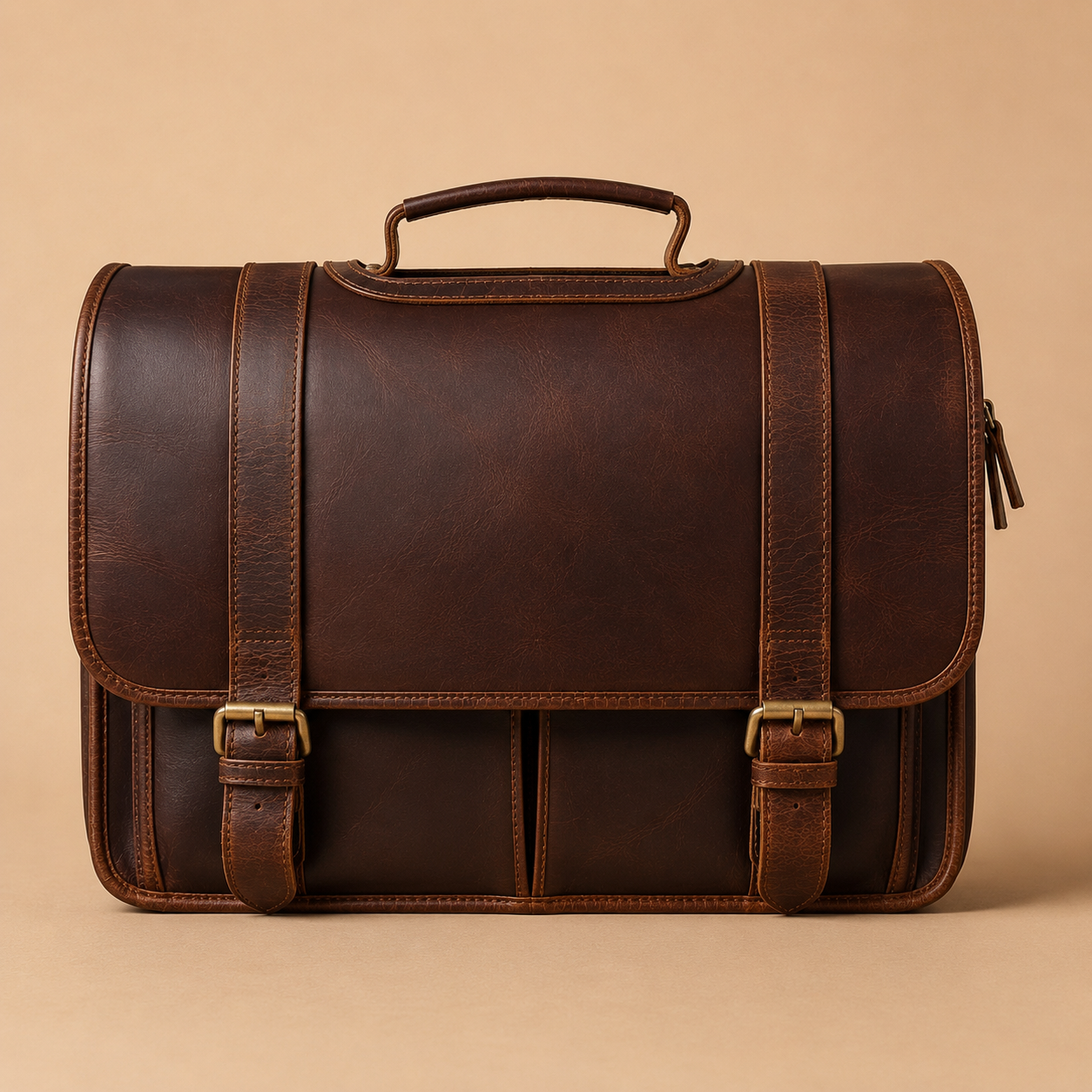 Bellvari full-grain cowhide leather messenger briefcase with pull-up finish, available in crazy horse brown and black.