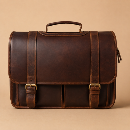 Bellvari full-grain cowhide leather messenger briefcase with pull-up finish, available in crazy horse brown and black.