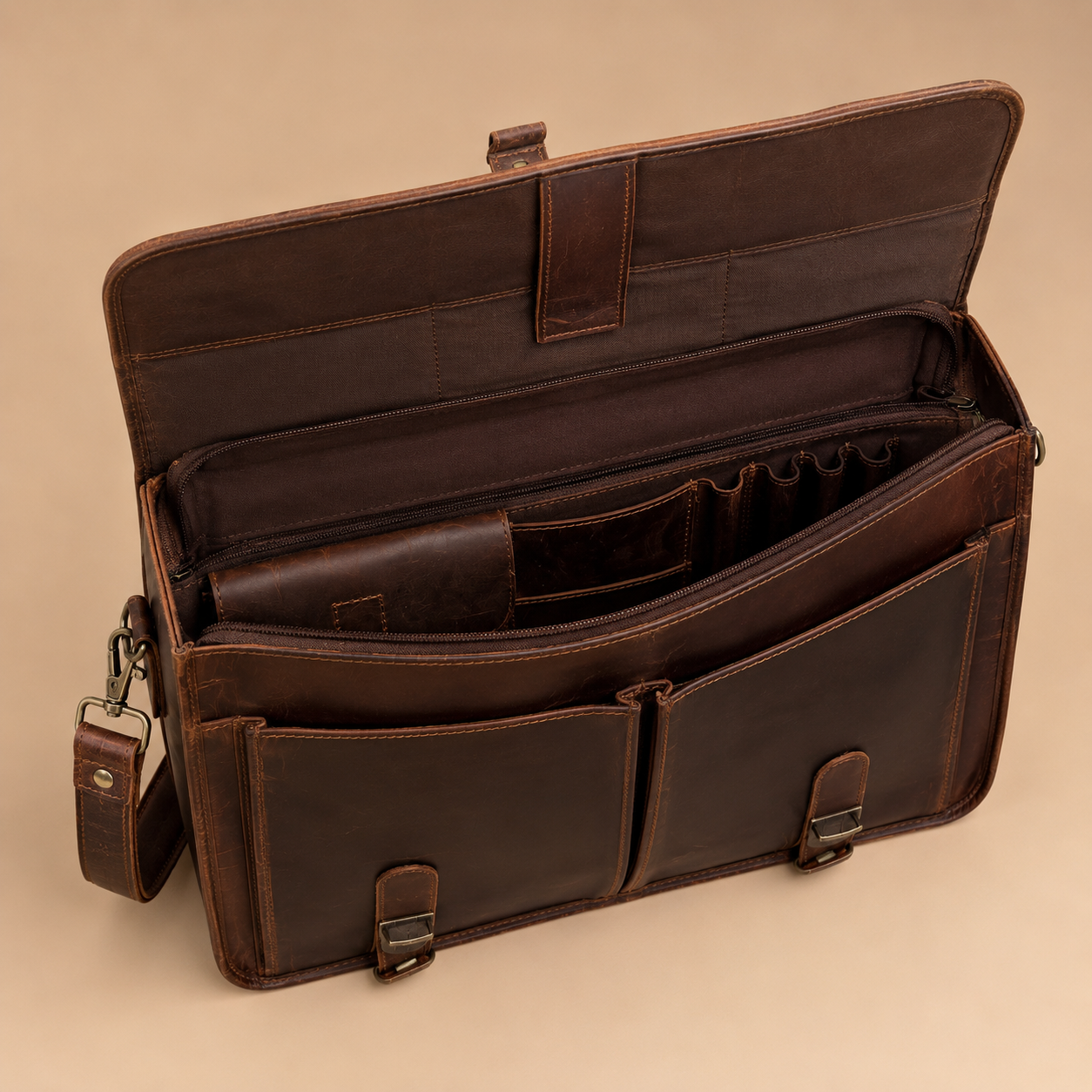 Full-Grain Leather Messenger Briefcase