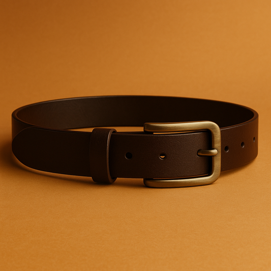 Brown leather belt with a gold buckle on an orange background