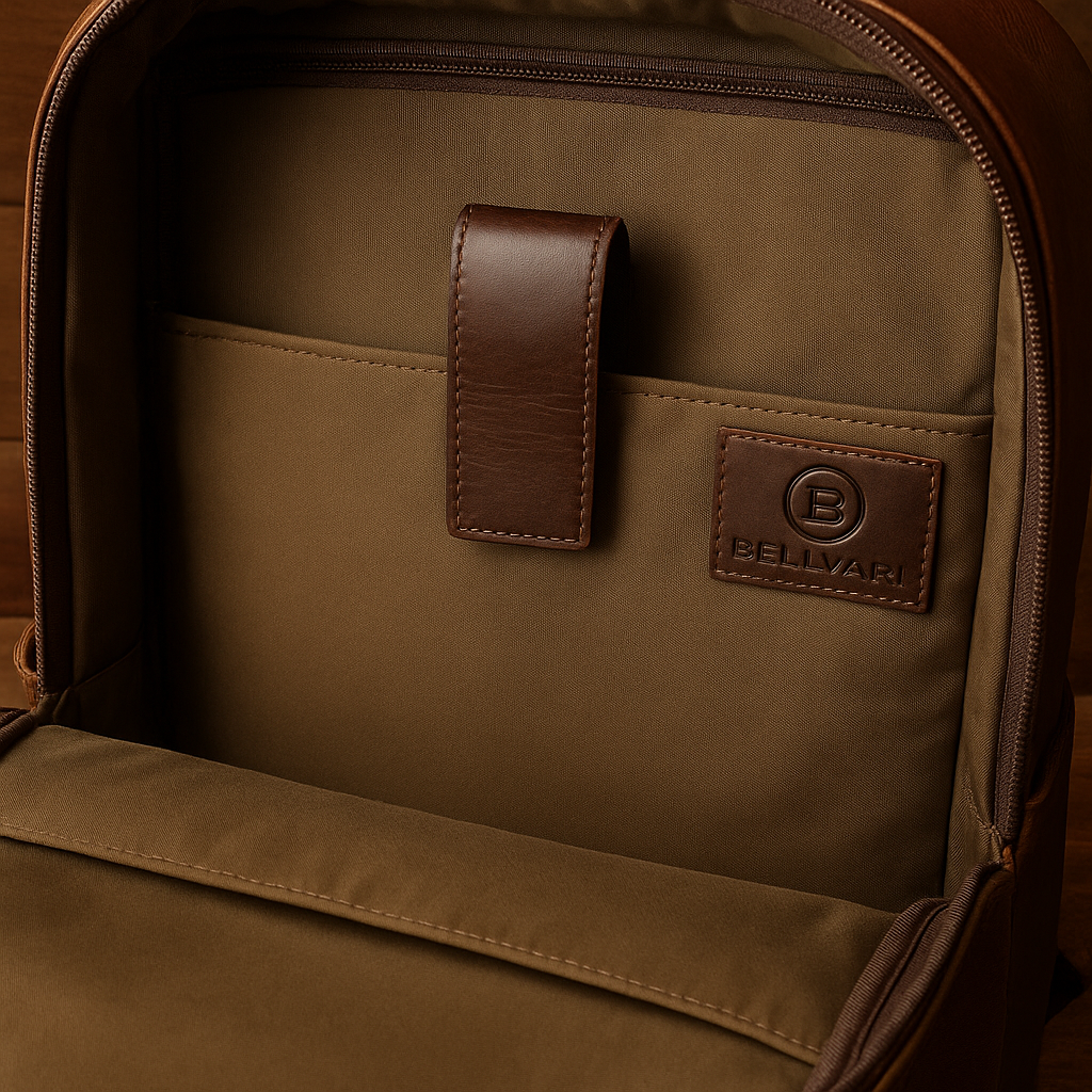 Brown backpack with leather accents and a visible brand logo on a wooden surface.