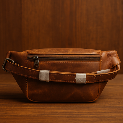 Brown leather waist bag on a wooden surface with a wooden background