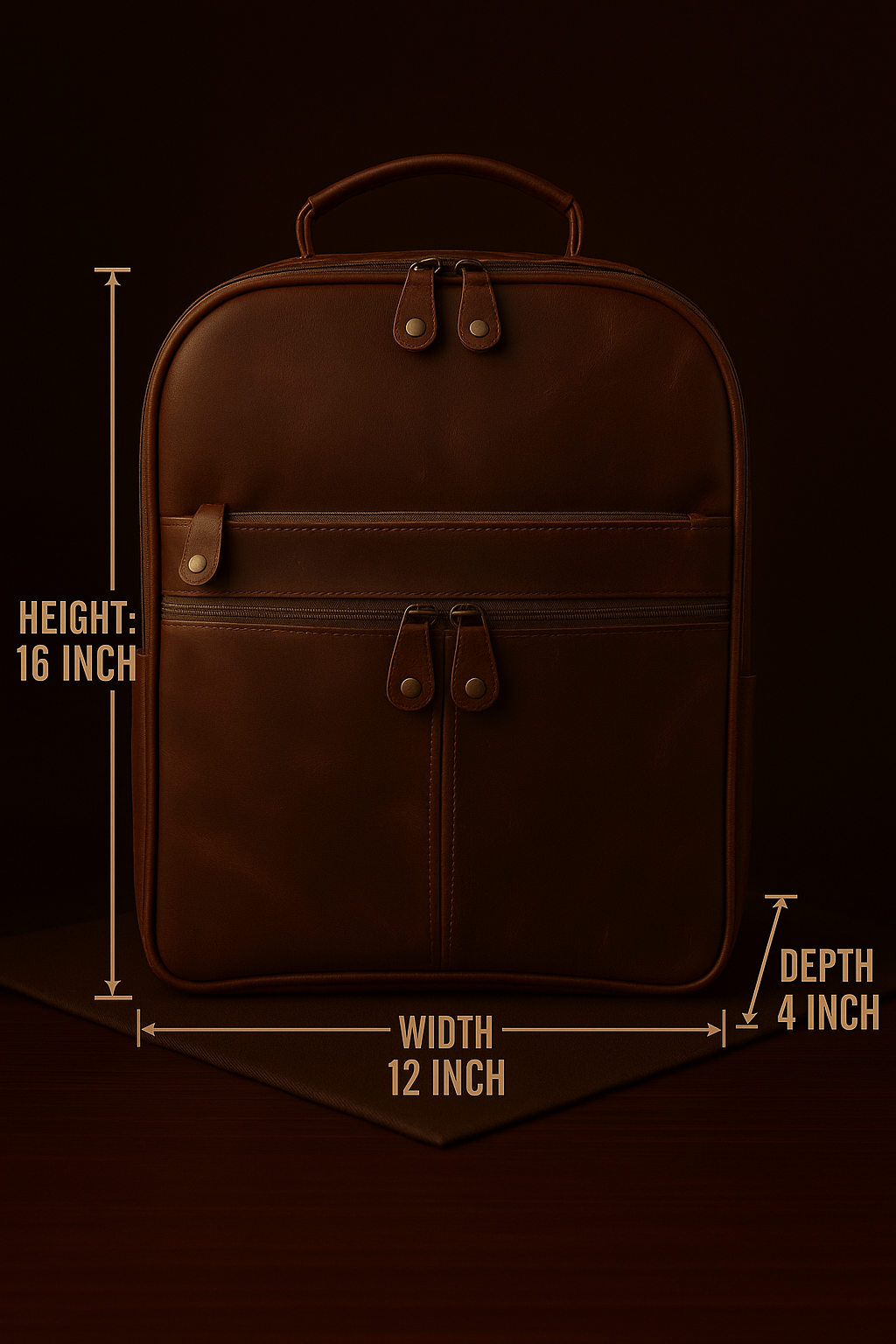 Brown leather backpack with measurements on a black background