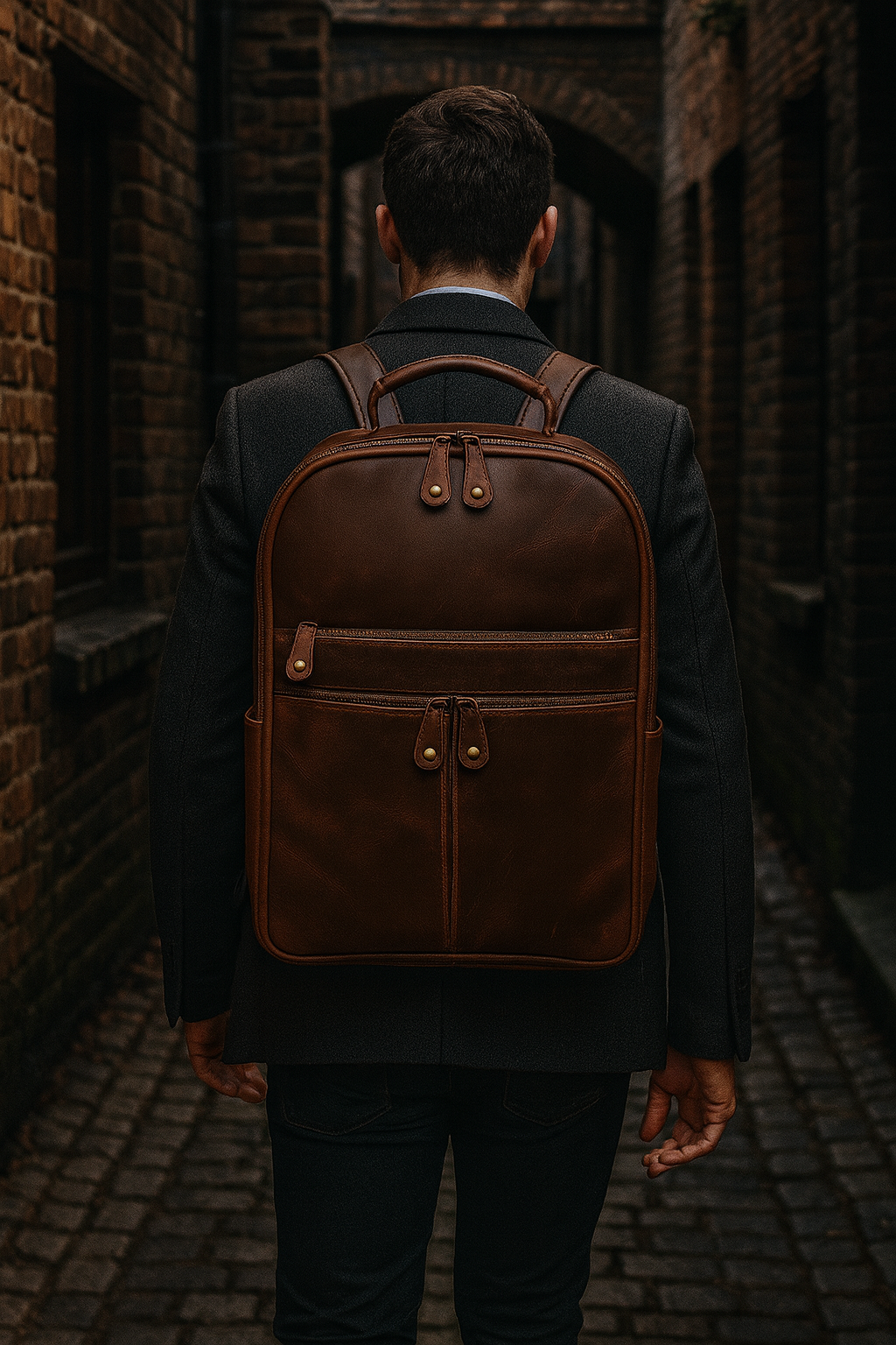 Person wearing a brown leather backpack in an alleyway.