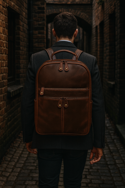 Person wearing a brown leather backpack in an alleyway.