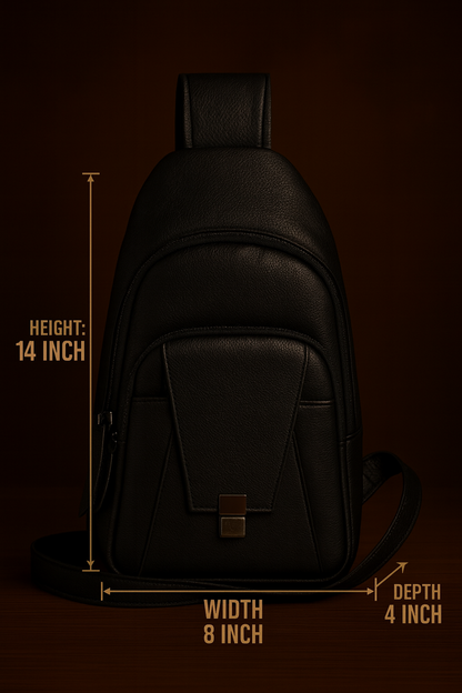 Black sling bag with measurements on a dark background