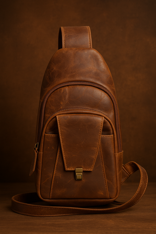Brown leather sling bag on a brown background