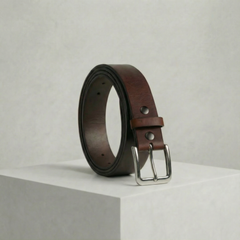 Bellvari Trailblazer crunch full-grain pull-up leather belt with satin-nickel solid-brass buckle on a neutral background. — view 1