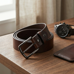 Bellvari Nightfall black leather belt full-length view. — view 5
