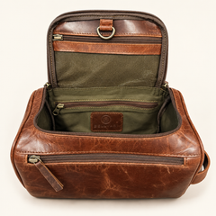 Crazy Horse Brown leather dopp kit — open view  — view 3