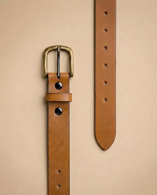 Bellvari Buckhorn honey-tan leather belt detail, antique-brass buckle and blackened prong.