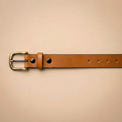 Bellvari Buckhorn leather belt edge view with antique-brass buckle and burnished edges. — view 6