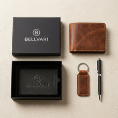 The Carry Set laid out — box, wallet, keychain, pen — view 1