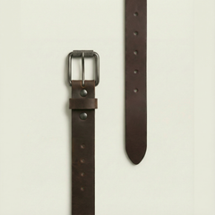 Bellvari Timberline brown leather belt with rugged gunmetal buckle, side view. — view 2