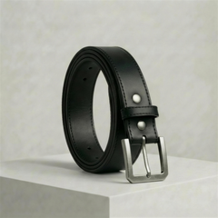 The Draftsman black full-grain leather dress belt with squared brushed-gunmetal buckle and edge stitching. — view 1