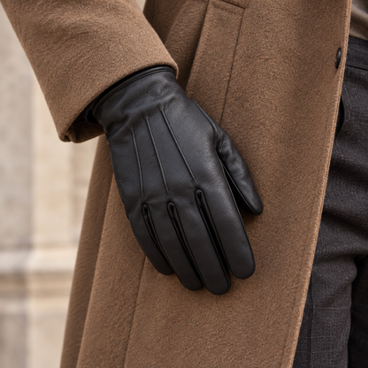 Black glove worn with a camel coat