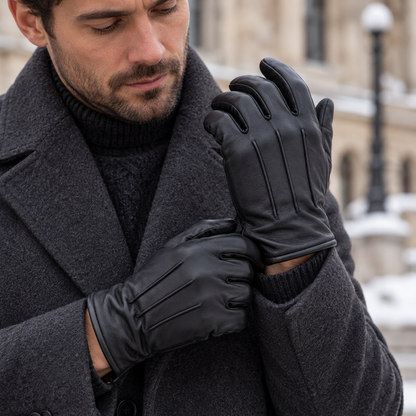 Black gloves worn with a winter coat
