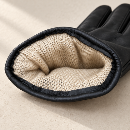 Beige knit lining inside black glove