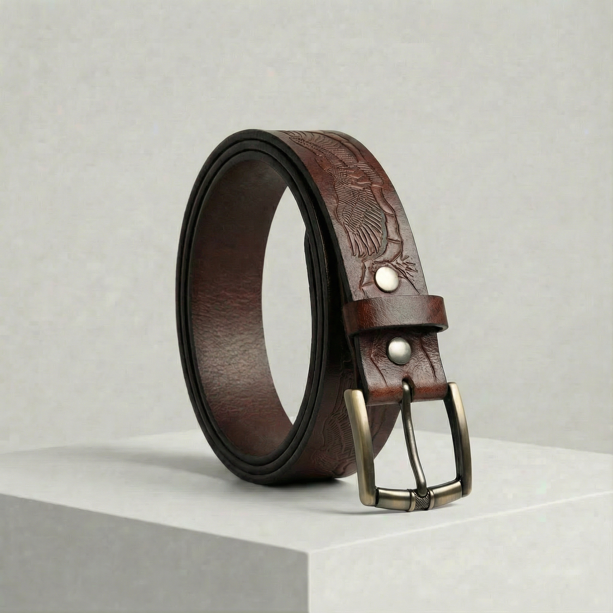 Full-grain leather belt with reinforced hardware and oversized