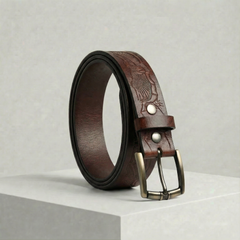 Bellvari Ironhide full-grain leather belt with hand-tooled floral pattern and antique-brass buckle on a neutral background. — view 1