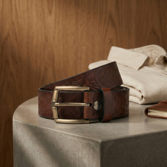 Bellvari Ironhide leather belt with antique-brass buckle, side angle. — view 3