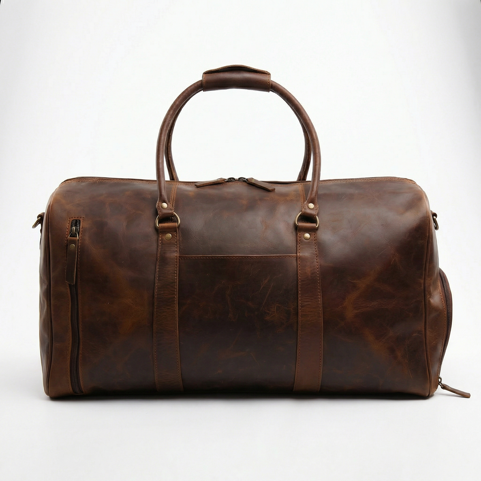 Bellvari Weekender full-grain leather duffel bag with structured silhouette, available in crazy horse brown and black.