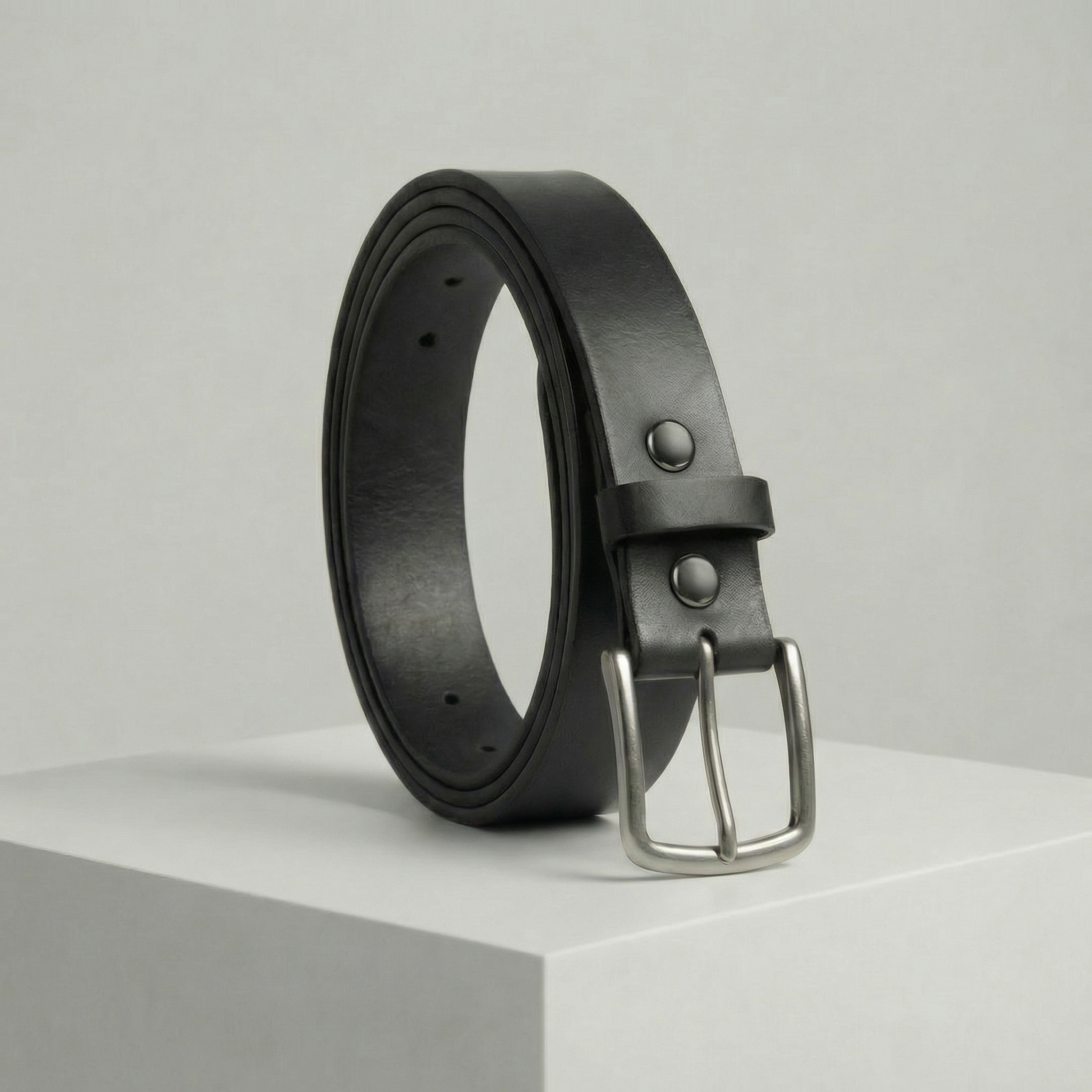 Bellvari Maverick jet-black full-grain leather belt with brushed steel buckle on a neutral background.