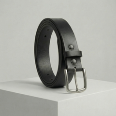 Bellvari Maverick jet-black full-grain leather belt with brushed steel buckle on a neutral background. — view 1