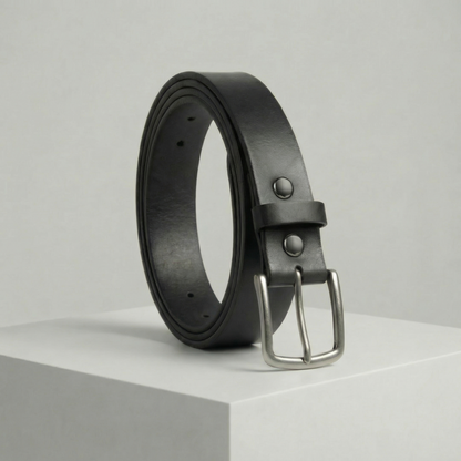 Bellvari Maverick jet-black full-grain leather belt with brushed steel buckle on a neutral background.
