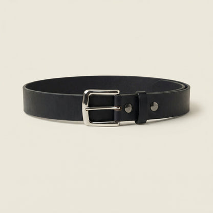 Bellvari Maverick black leather belt rolled, showing thickness.