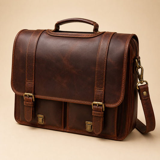 Brown — Bellvari full-grain leather messenger briefcase, three-quarter view, flap closed