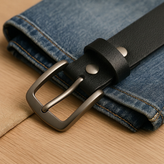 Bellvari Tradesman black full-grain leather belt with brushed steel buckle resting on folded denim. — view 5