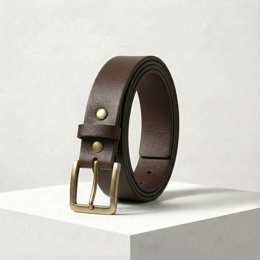 Bellvari Tradesman brown full-grain leather belt coiled upright, brass buckle, on a neutral studio background.